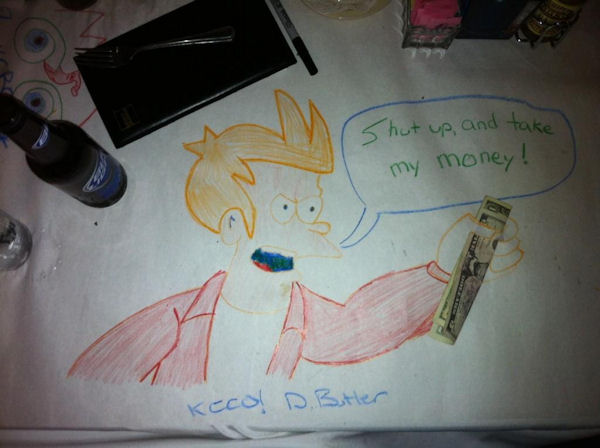 insolite dessin fry futurama nappe pourboire