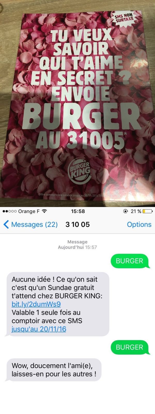 insolite burger king pub sms