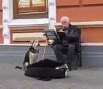 soprano Un chien accompagne un joueur de saxophone soprano dans la rue
