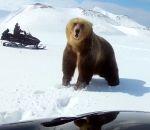 neige Deux hommes en motoneige chassent un ours de leur campement (Russie)