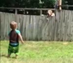 balle jouer Un enfant joue avec un chien derrière une palissade
