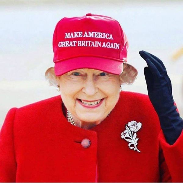 insolite amerique casquette grande-bretagne reine slogan trump