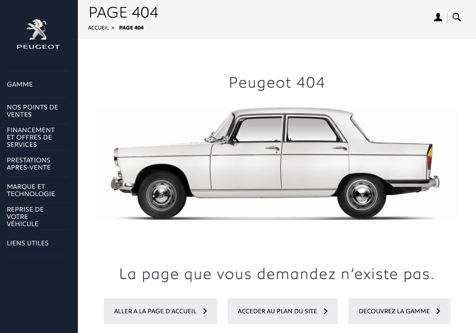 La page 404 du site Peugeot