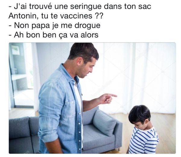 insolite drogue fils papa sac seringue vaccin