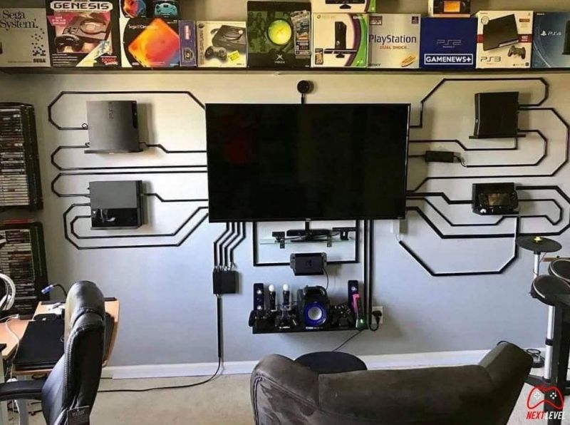 insolite cable console equipement rangement tele