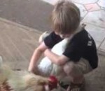 calin Un enfant fait un câlin à une poule