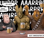 conversation Hodor, Groot et Chewbacca entrent dans un bar