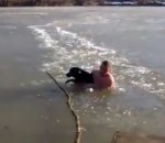 homme casser Un homme casse la glace pour sauver un chien