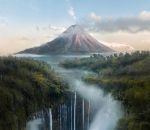 indonesie Un volcan derrière une cascade